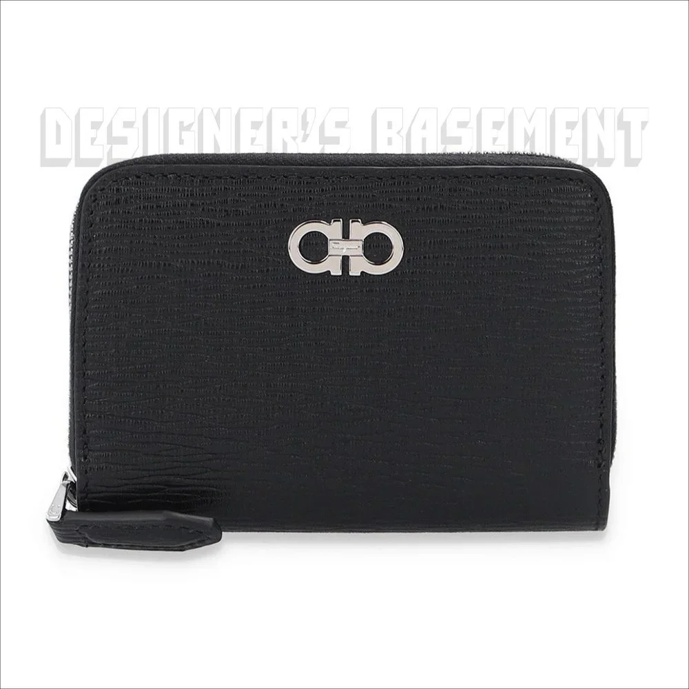 SALVATORE FERRAGAMO black Leather ID window Metal GANCINI Logo zip around wallet